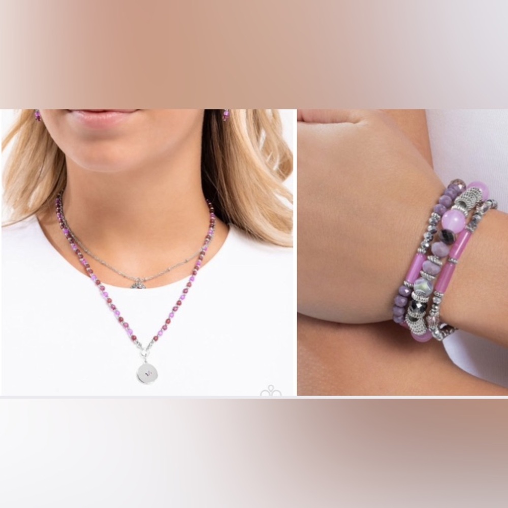 Silver & Purple Beaded Necklace Bracelet Set